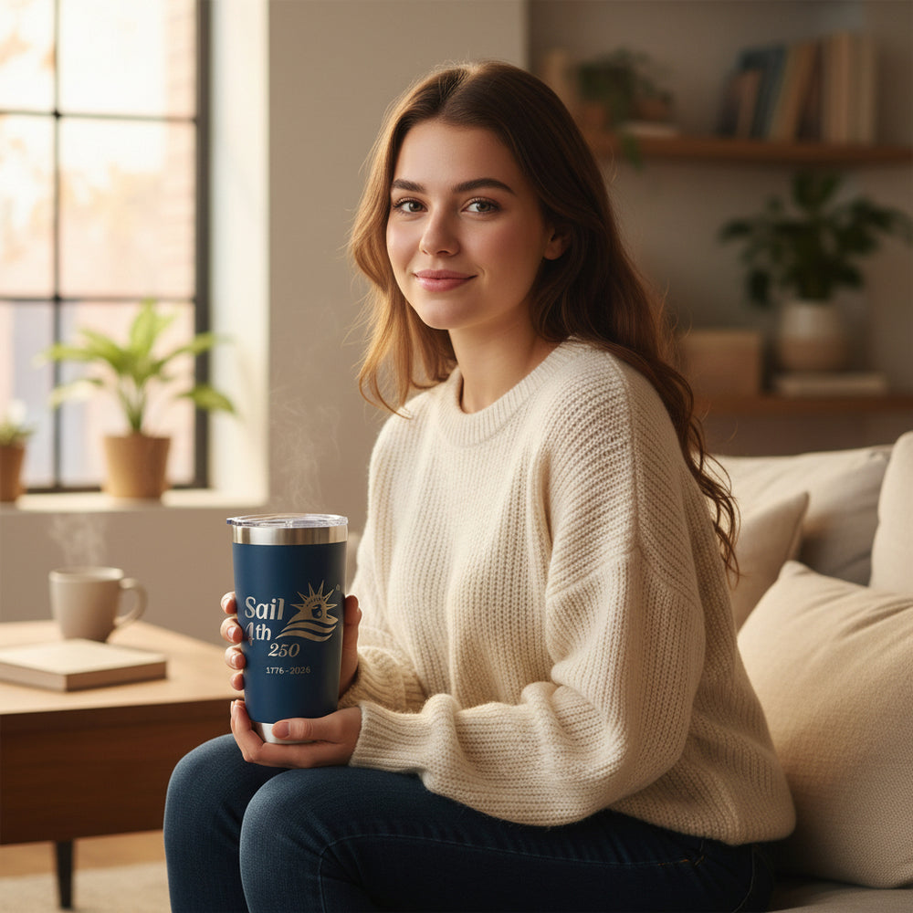 Sail4th 250 YETI Tumbler 20oz Navy in Use Indoor View