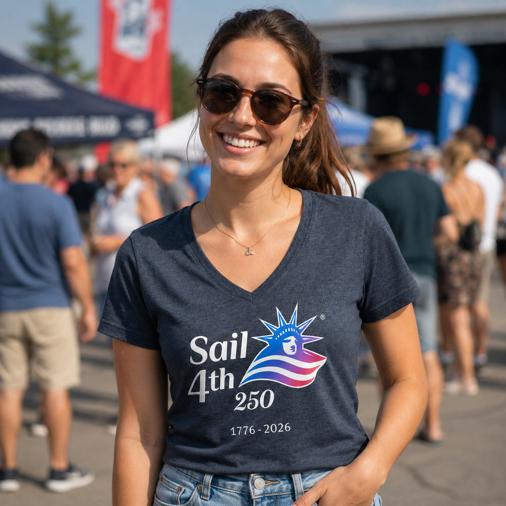 Sail 4th 250 New York Women V-Neck T-Shirt in Use Outdoor Event