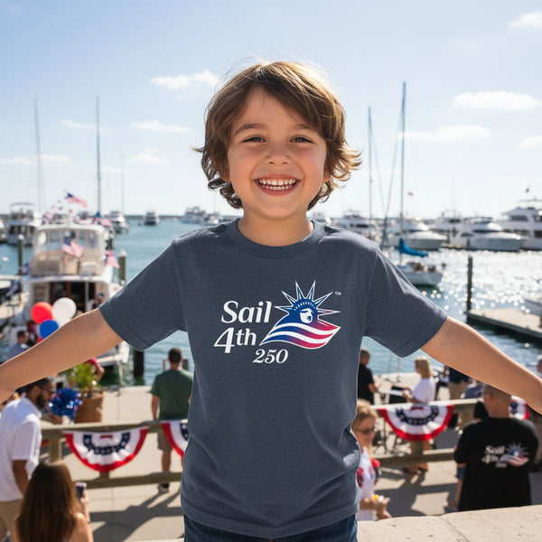 Sail 4th 250 New York Primary Logo Heather Navy & Heather Royal Youth T-Shirts in Use Outdoor View