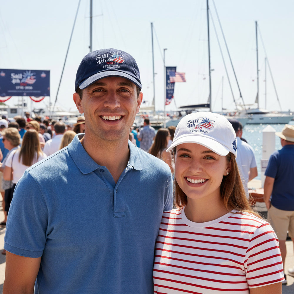 Sail4th 250 Logo, Ship, and New York 2026 Embroidered Low Profile Hat with Adjustable Strap in Use Outdoor Event