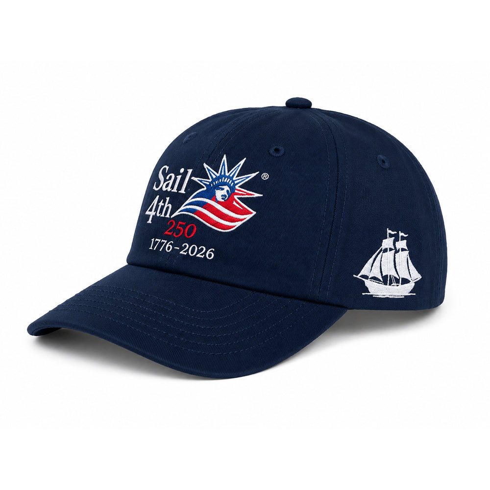 Sail4th 250 Logo, Ship, and New York 2026 Embroidered Low Profile Hat with Adjustable Strap Navy Angle View