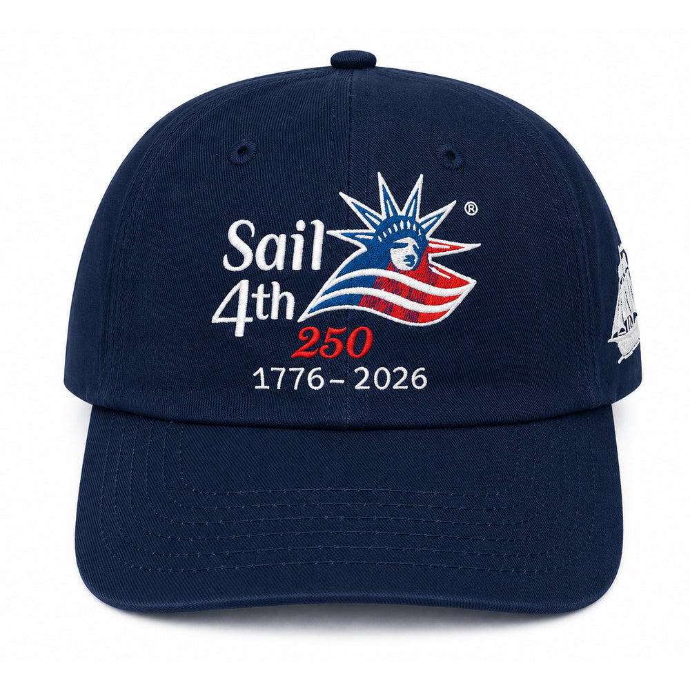 Sail4th 250 Logo, Ship, and New York 2026 Embroidered Low Profile Hat with Adjustable Strap Navy Front View