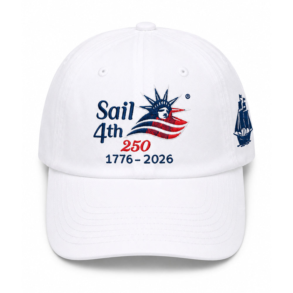 Sail4th 250 Logo, Ship, and New York 2026 Embroidered Low Profile Hat with Adjustable Strap White Front View
