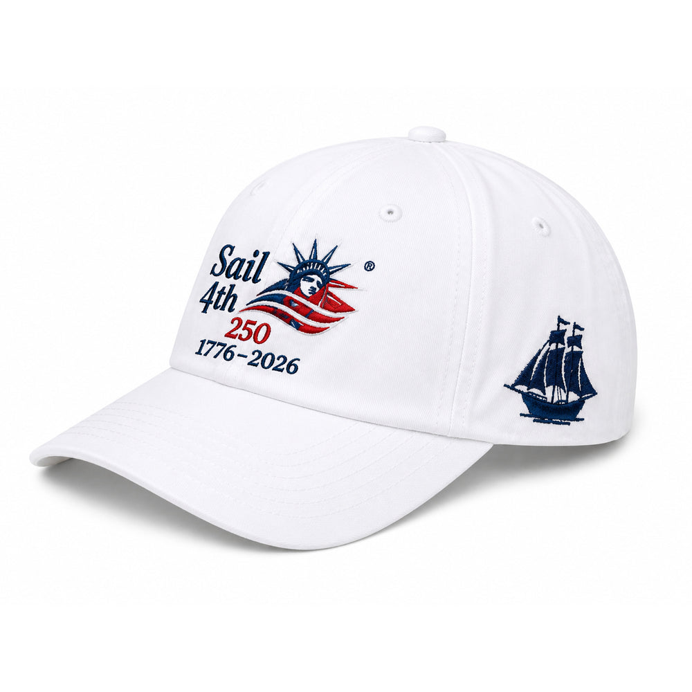Sail4th 250 Logo, Ship, and New York 2026 Embroidered Low Profile Hat with Adjustable Strap White Side View