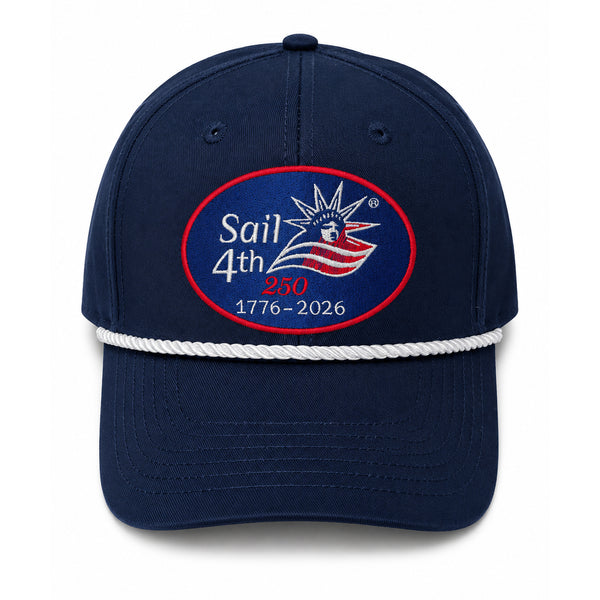 Sail4th 250 Logo, Ship, and New York 2026 Embroidered Patch Rope Structured Hat with Adjustable Strap Front View
