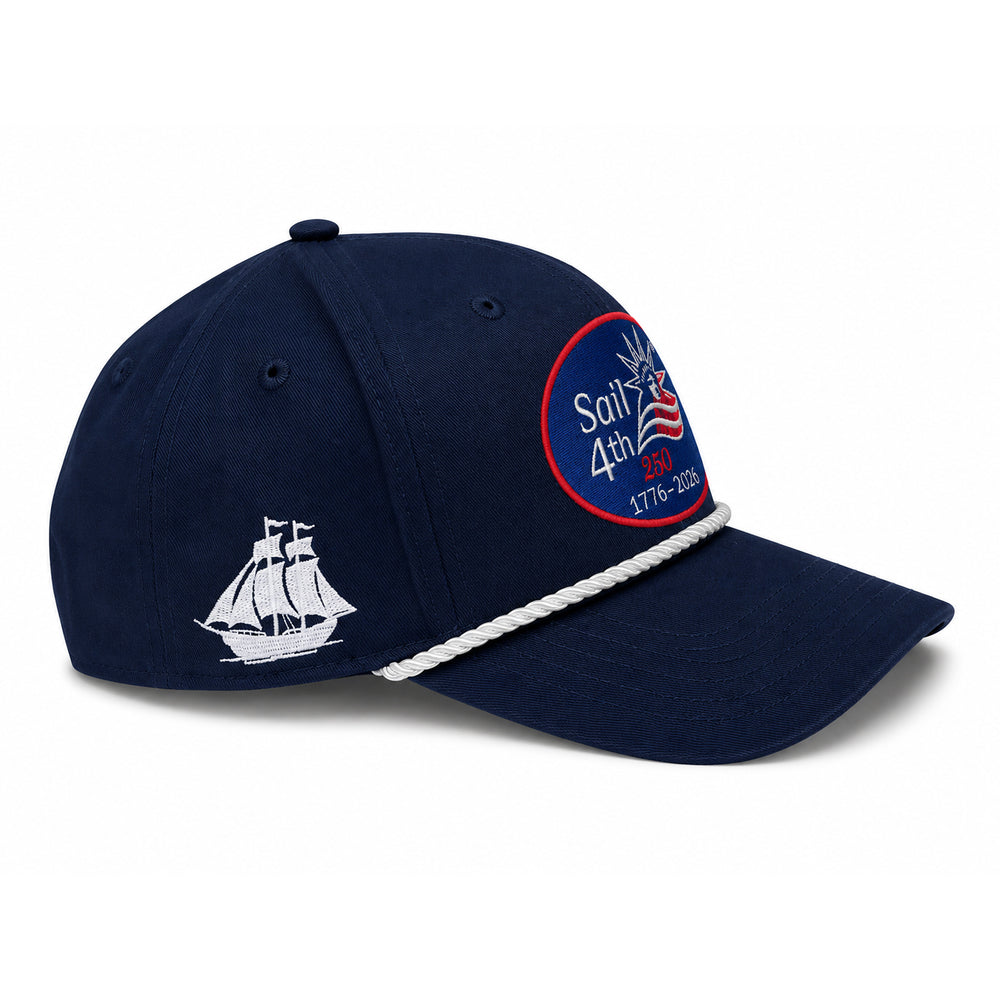 Sail4th 250 Logo, Ship, and New York 2026 Embroidered Patch Rope Structured Hat with Adjustable Strap Side View