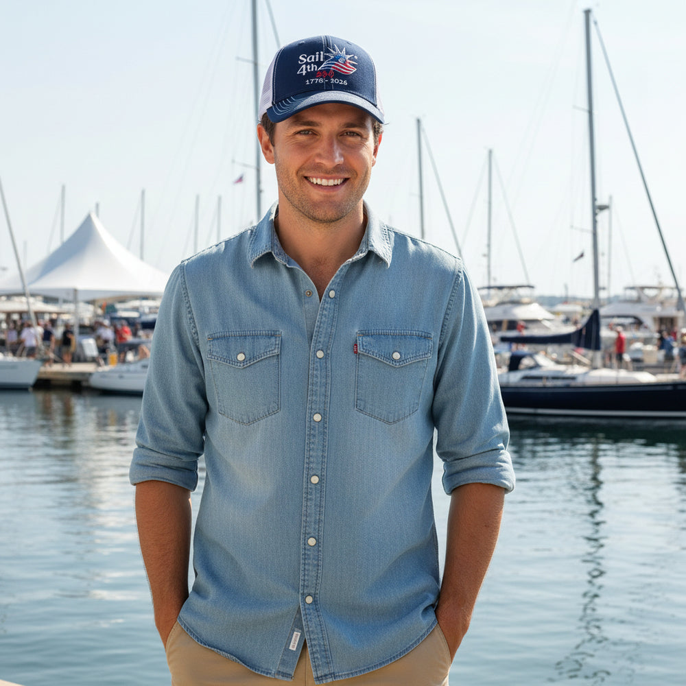 Sail4th 250 Embroidered Trucker Hat in Use Outdoor View