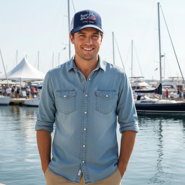 Sail4th 250 Embroidered Trucker Hat in Use Outdoor View