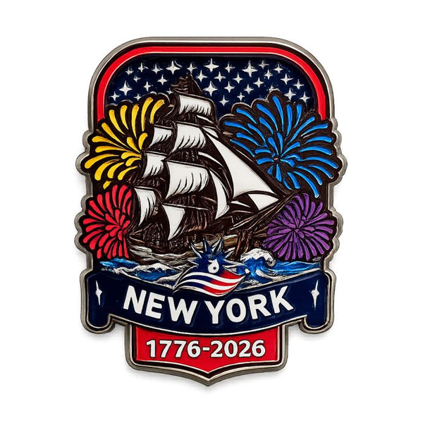 Sail4th 250 Logo NEW YORK with Fireworks and Ship Lapel Pin