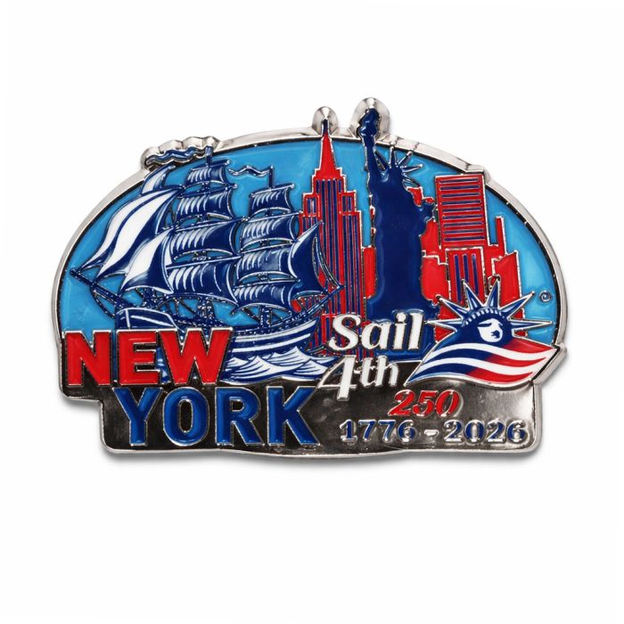 Sail 4th 250 New York Logo; "NEW YORK" with Skyline and Sailing Ship Lapel Pin