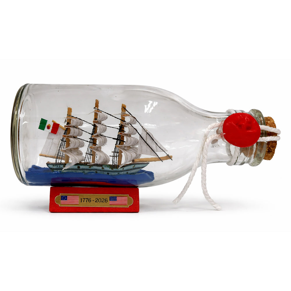 Tall Ship Classic Wooden Amerigo Vespucci Bottle Display with Wooden Base Small Size 5" Length 