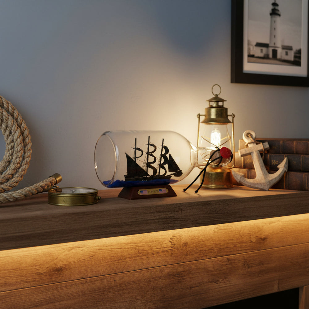 Tall Ship Black Pearl Pirate Bottle Display with Wooden Base in Use - Fireplace Mantel View