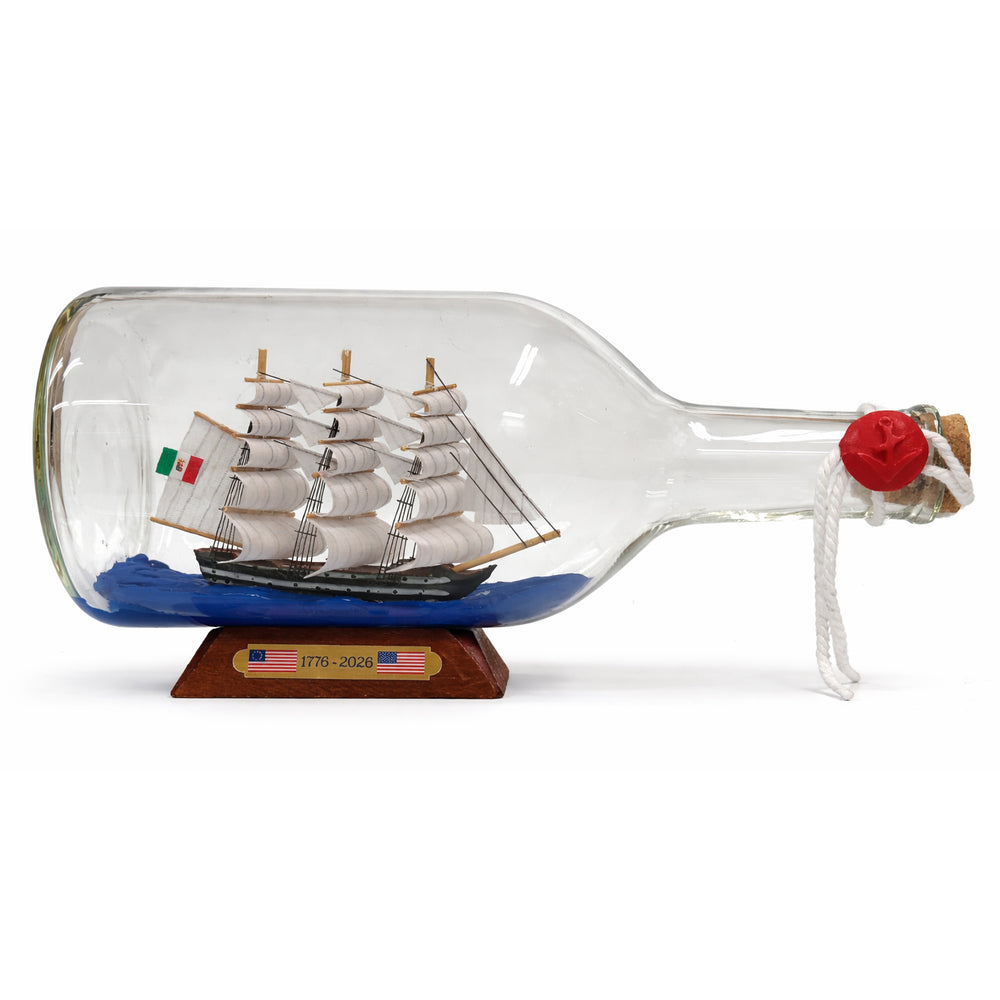 Tall Ship Classic Wooden Amerigo Vespucci Bottle Display with Wooden Base - Large 9" Length