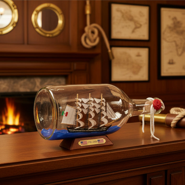 Tall Ship Classic Wooden Amerigo Vespucci Bottle Display with Wooden Base on Display