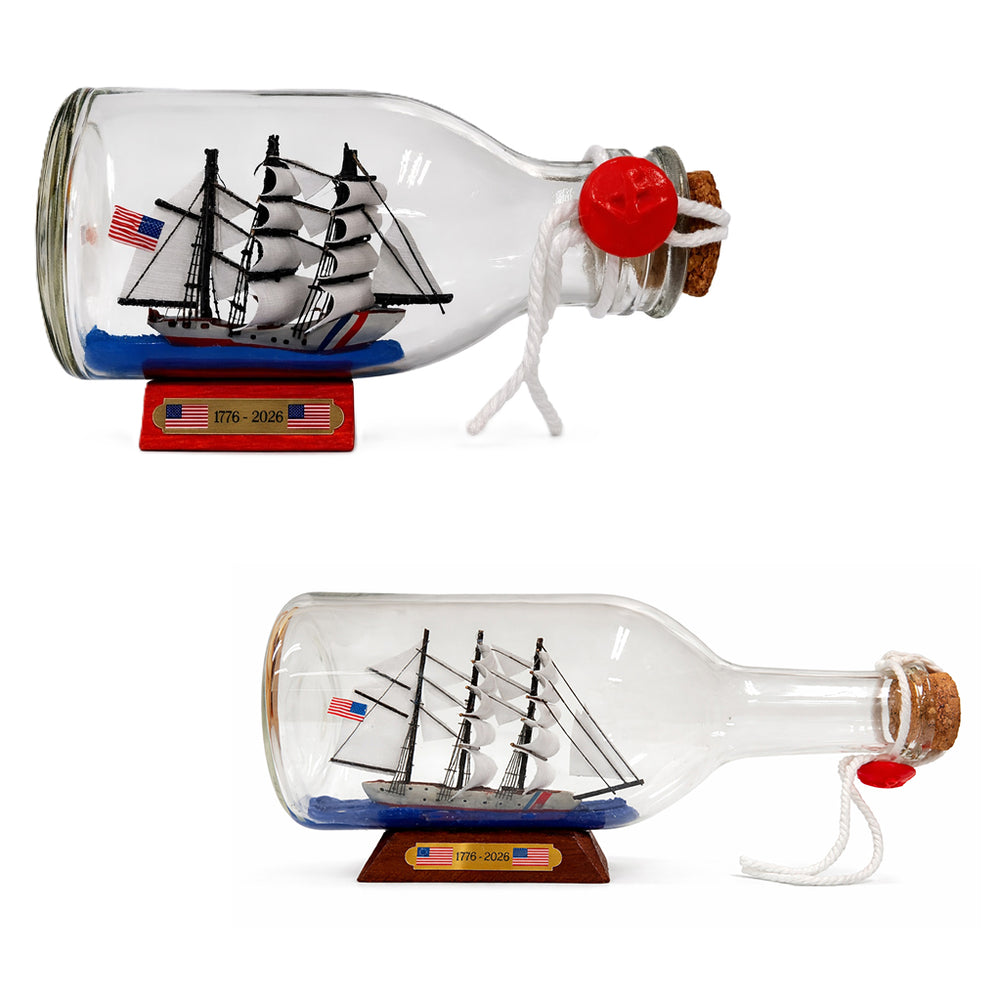 Tall Ship USCGC Eagle Bottle Display with Wooden Base - Available Sizes