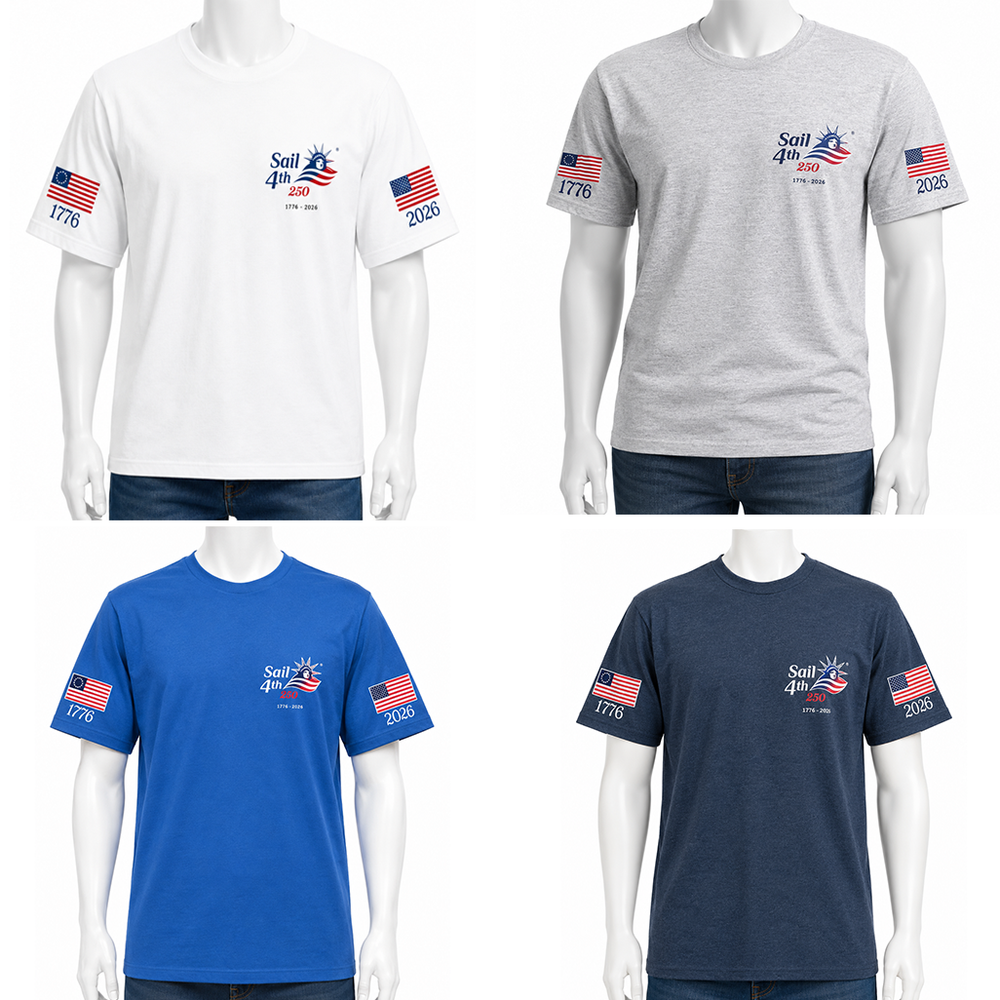 Sail 4th New York Primary Logo, 1776-2026 Flag Sleeve, Locations on Back T-Shirts Available Colors