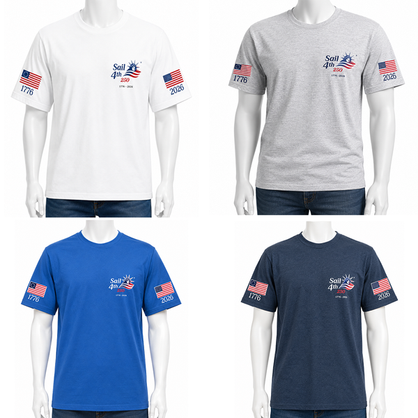 Sail 4th New York Primary Logo, 1776-2026 Flag Sleeve, Locations on Back T-Shirts Available Colors
