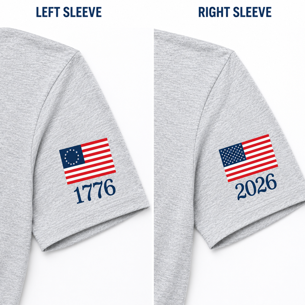 Sail 4th New York Primary Logo, 1776-2026 Flag Sleeve, Locations on Back T-Shirts