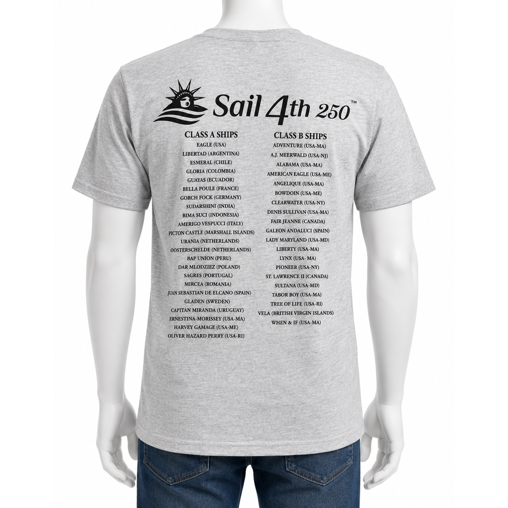 Sail 4th New York Primary Logo, 1776-2026 Flag Sleeve, Locations on Back T-Shirt Gray Back View
