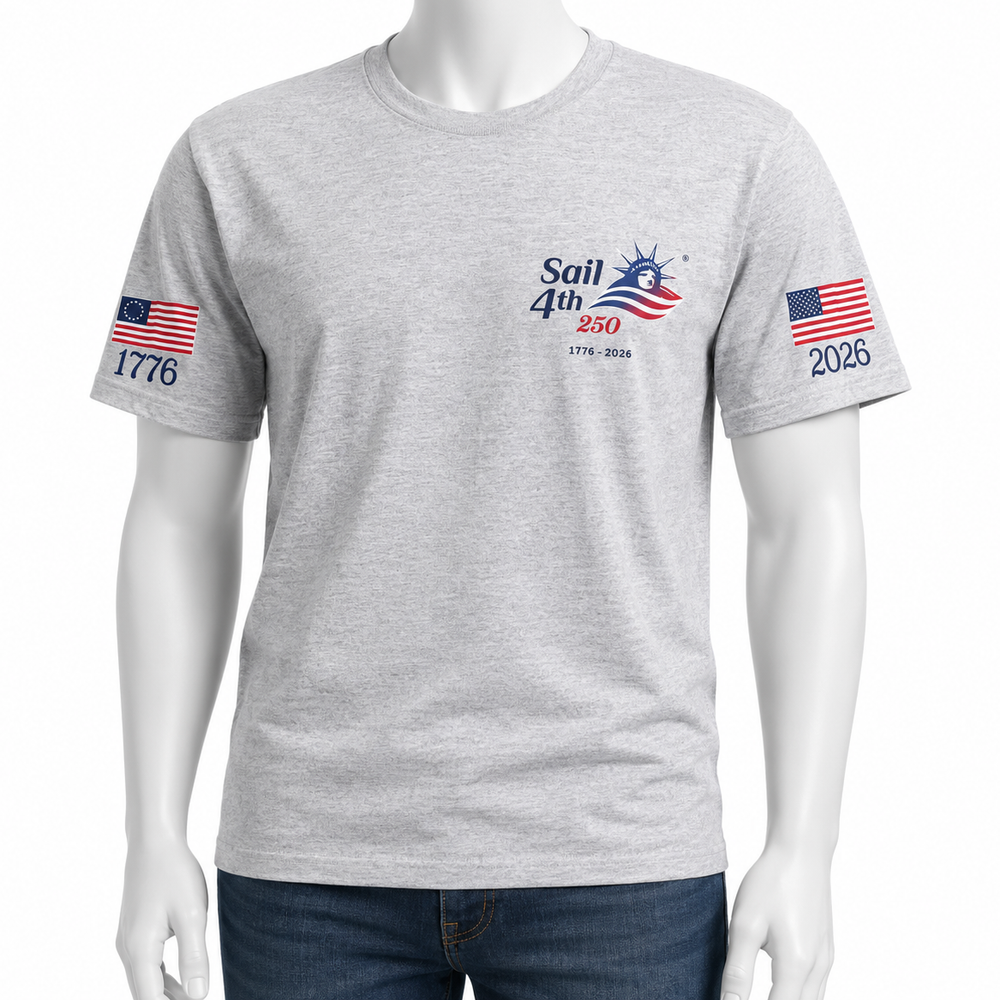 Sail 4th New York Primary Logo, 1776-2026 Flag Sleeve, Locations on Back T-Shirt Gray Front View