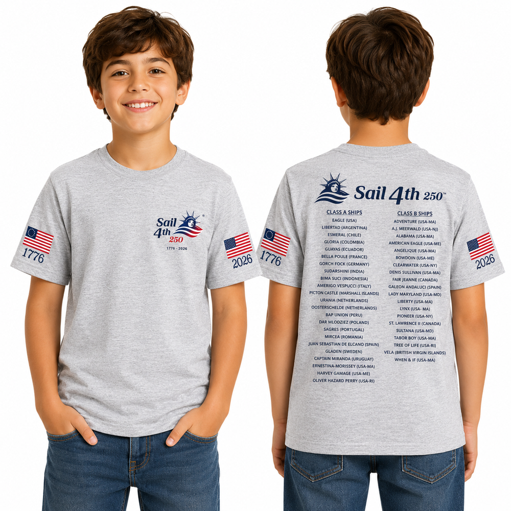 Sail 4th New York Primary Logo, 1776-2026 Flag Sleeve, Locations on Back Youth T-Shirt Gray - Front and Back View