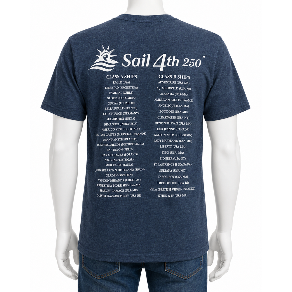 Sail 4th New York Primary Logo, 1776-2026 Flag Sleeve, Locations on Back T-Shirt Navy Back View