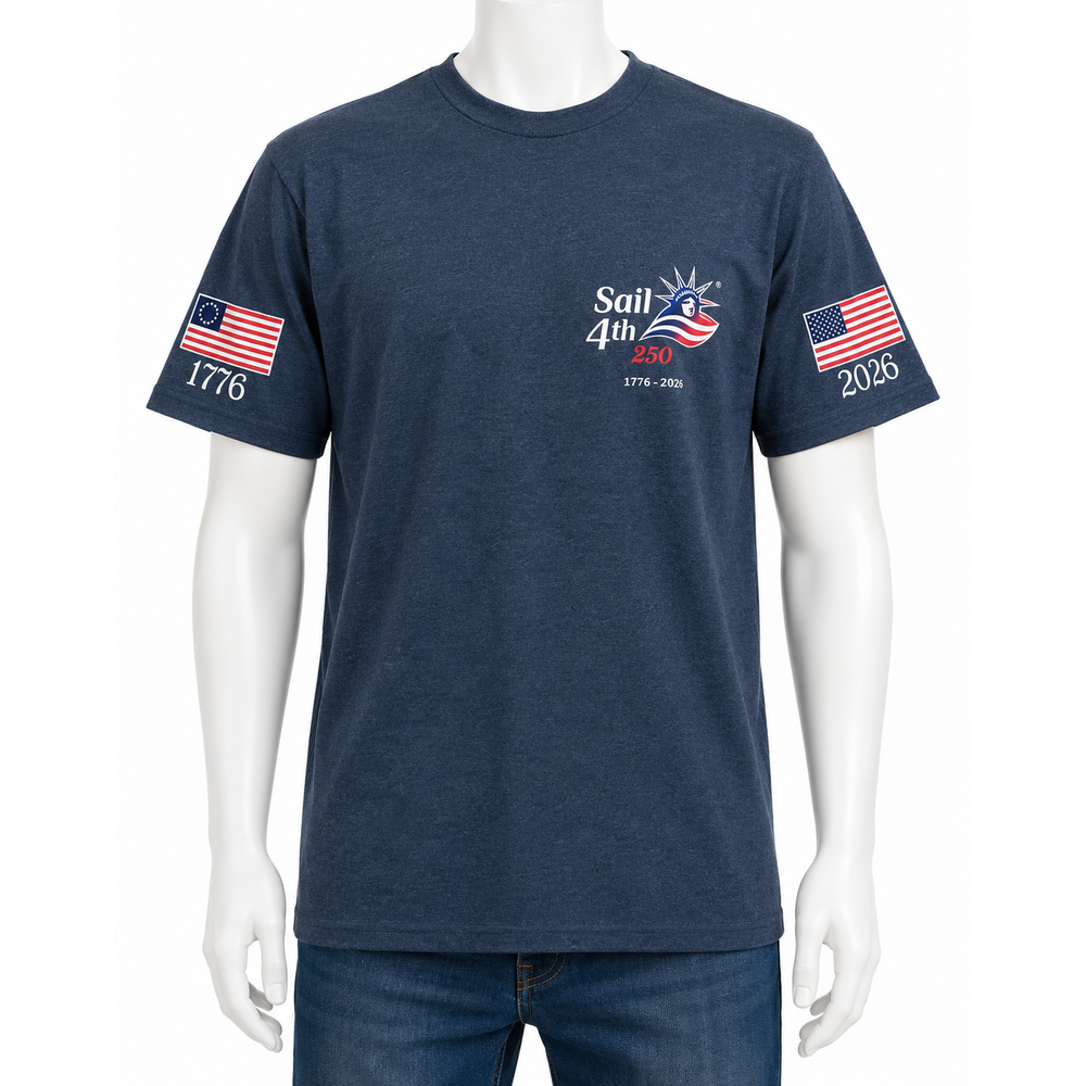 Sail 4th New York Primary Logo, 1776-2026 Flag Sleeve, Locations on Back T-Shirt Navy Front View