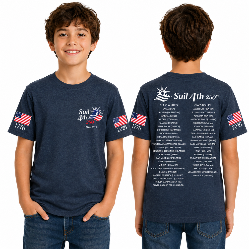 Sail 4th New York Primary Logo, 1776-2026 Flag Sleeve, Locations on Back Youth T-Shirt Navy - Front and Back View