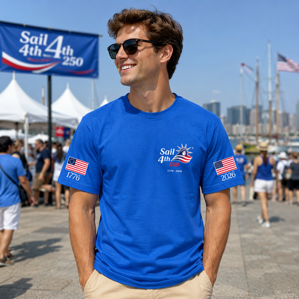 Sail 4th New York Primary Logo, 1776-2026 Flag Sleeve, Locations on Back T-Shirt in Use Outdoor Event