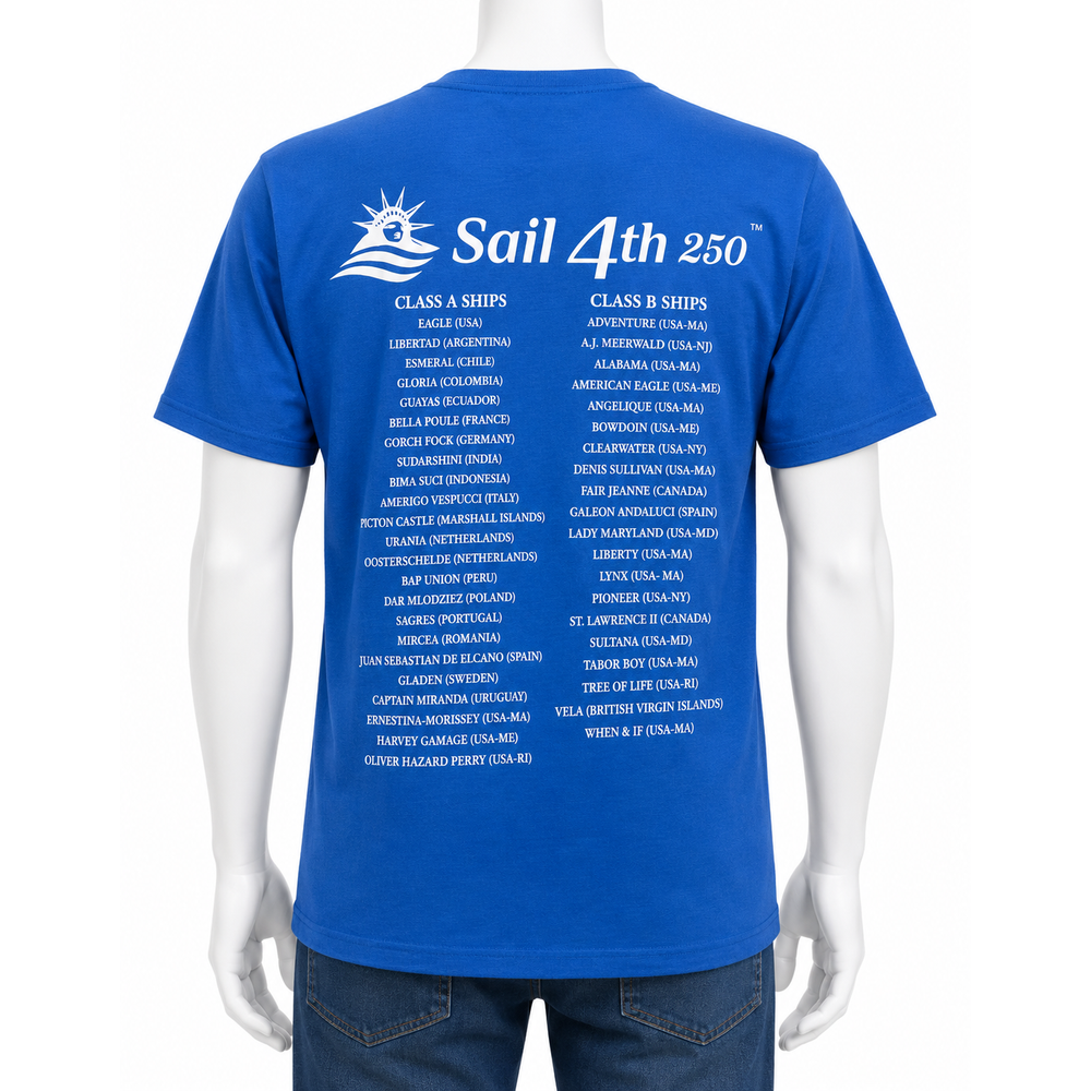 Sail 4th New York Primary Logo, 1776-2026 Flag Sleeve, Locations on Back T-Shirt Royal Blue Back View