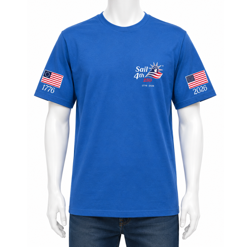 Sail 4th New York Primary Logo, 1776-2026 Flag Sleeve, Locations on Back T-Shirt Front View