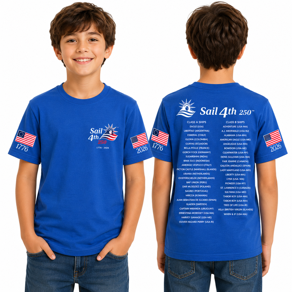 Sail 4th New York Primary Logo, 1776-2026 Flag Sleeve, Locations on Back Youth T-Shirt Royal Blue - Front and Back View