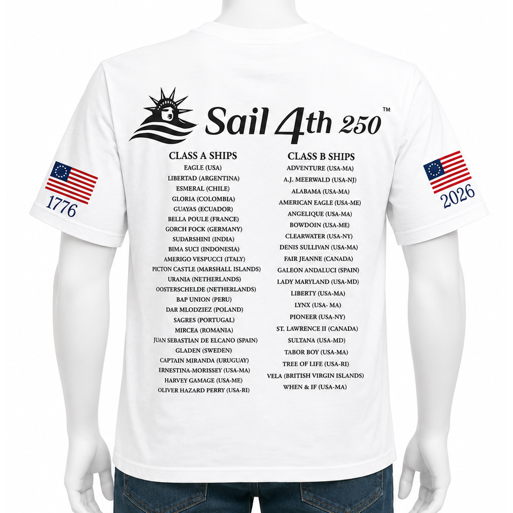 Sail 4th New York Primary Logo, 1776-2026 Flag Sleeve, Locations on Back T-Shirt White Back View