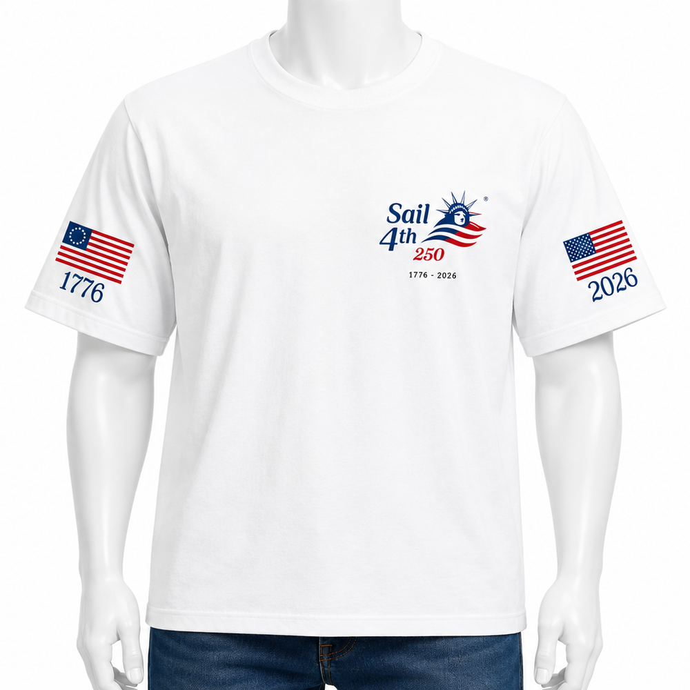 Sail 4th New York Primary Logo, 1776-2026 Flag Sleeve, Locations on Back T-Shirt White Front View