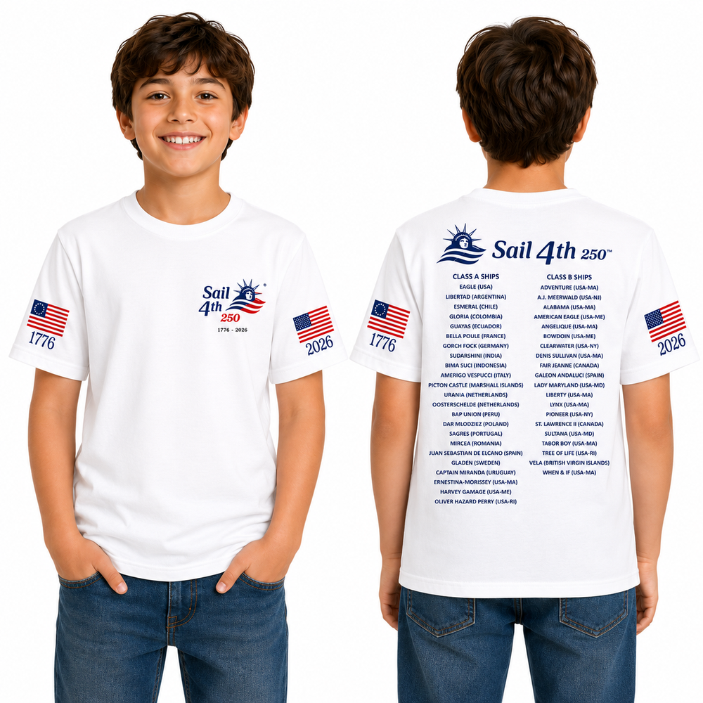 Sail 4th New York Primary Logo, 1776-2026 Flag Sleeve, Locations on Back Youth T-Shirt White - Front and Back View