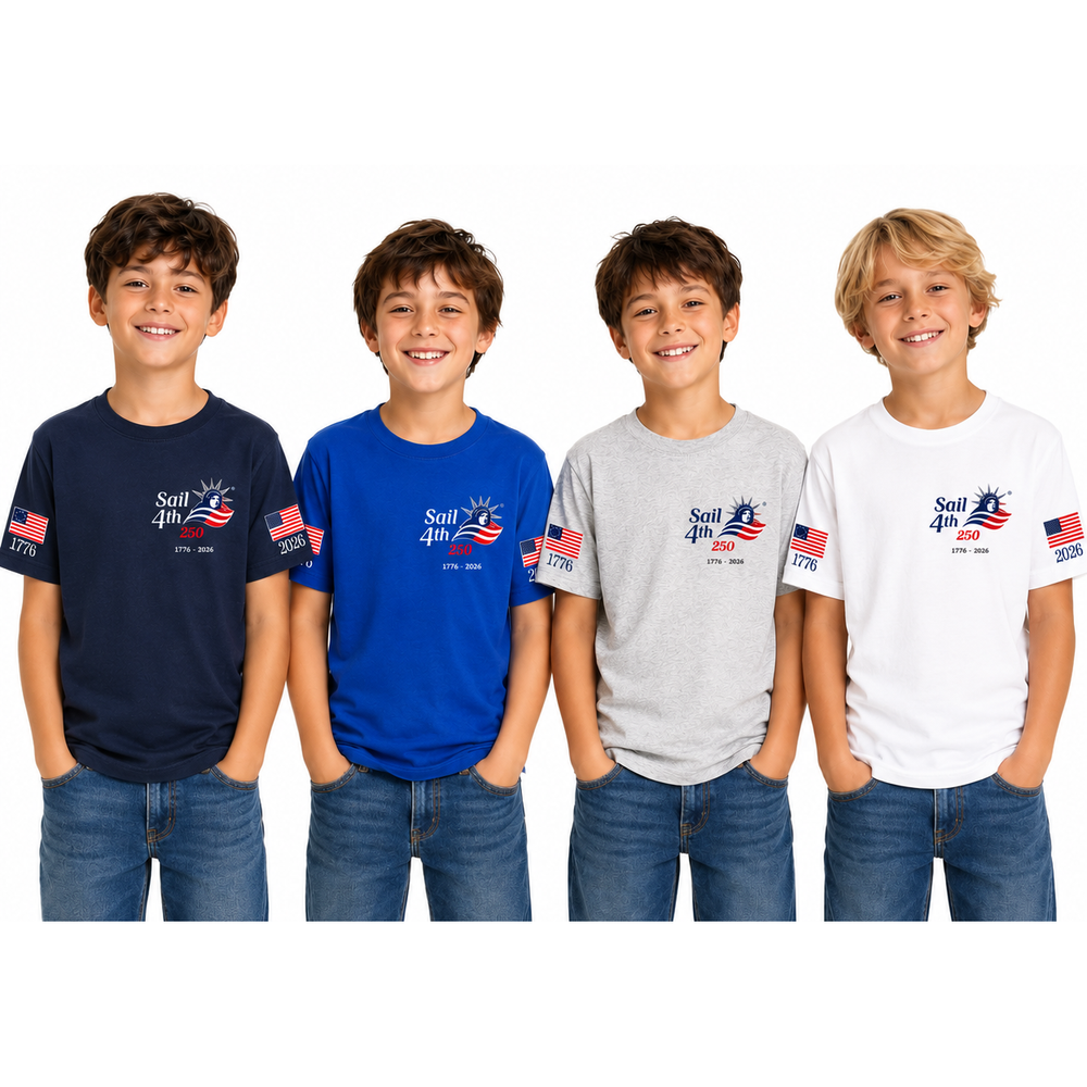 Sail 4th New York Primary Logo, 1776-2026 Flag Sleeve, Locations on Back Youth T-Shirt Available Colors