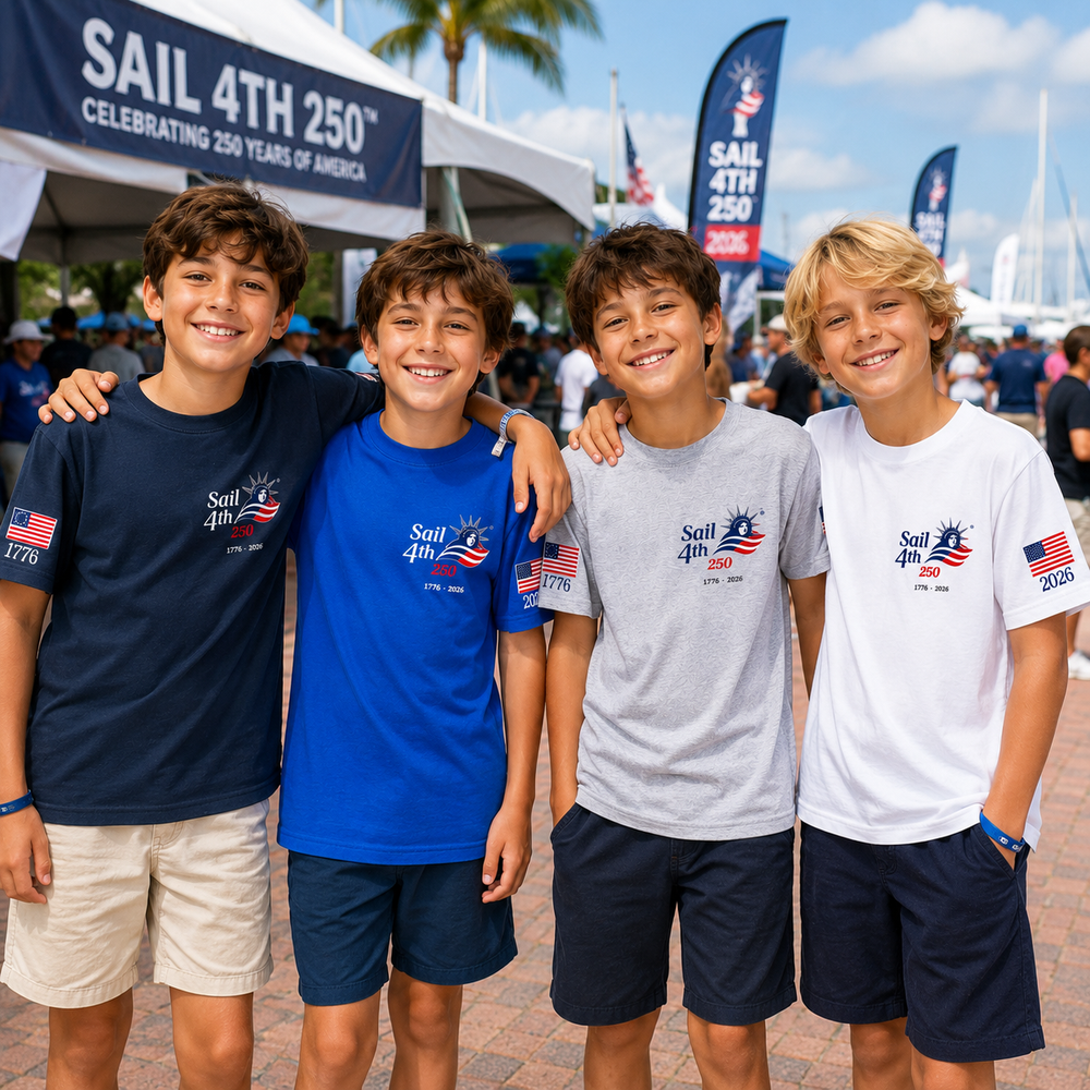 Sail 4th New York Primary Logo, 1776-2026 Flag Sleeve, Locations on Back Youth T-Shirts in Use Outdoor Event