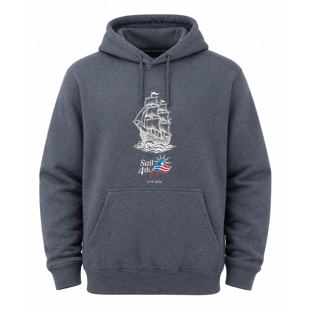 Sail 4th 250 New York Embroidered Logo and Tall Ship Hoodie Navy Product View