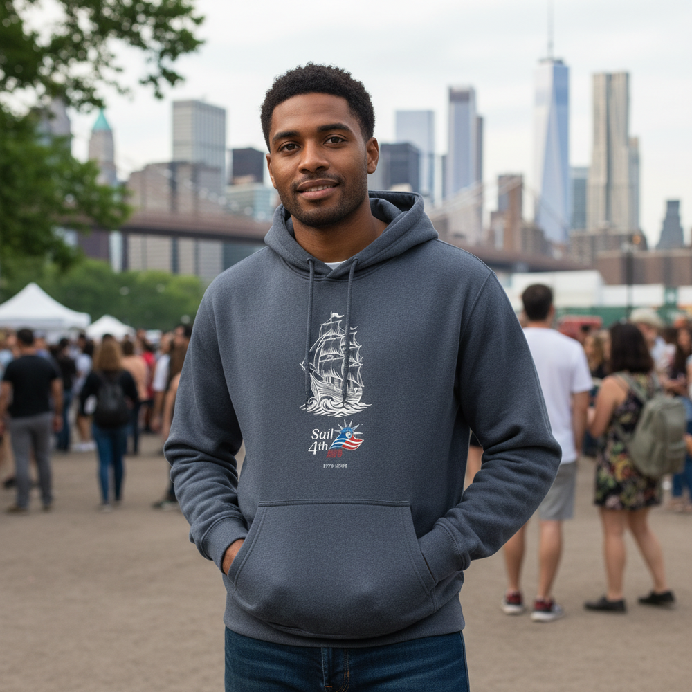 Sail 4th 250 New York Embroidered Logo and Tall Ship Hoodie Navy in Use Outdoor Event