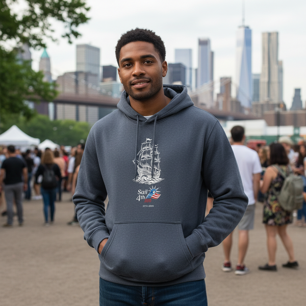 Sail 4th 250 New York Embroidered Logo and Tall Ship Hoodie Navy in Use Outdoor Event