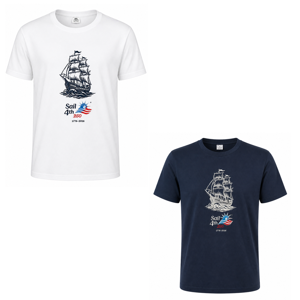 Sail 4th 250 New York Embroidered Logo and Tall Ship Short Sleeve T-Shirt Available Colors