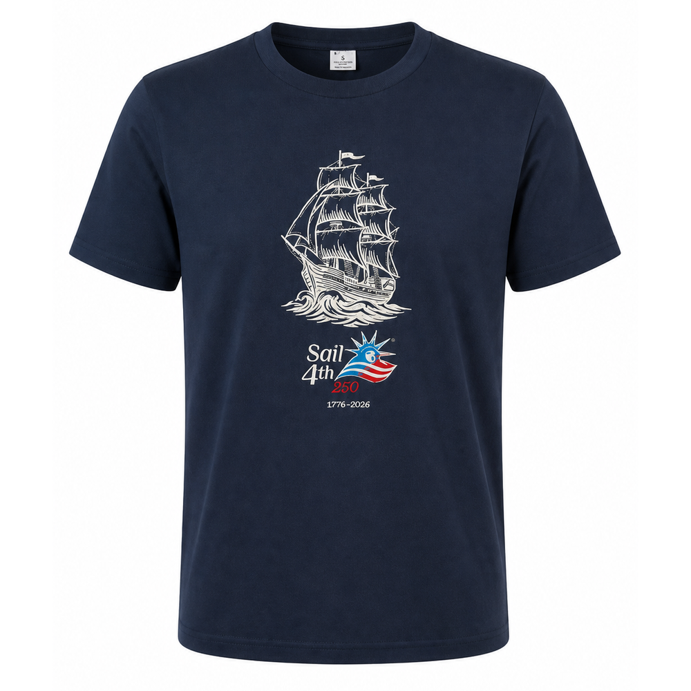 Sail 4th 250 New York Embroidered Logo and Tall Ship Short Sleeve T-Shirt Navy