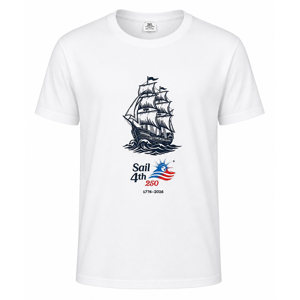 Sail 4th 250 New York Embroidered Logo and Tall Ship Short Sleeve T-Shirt White