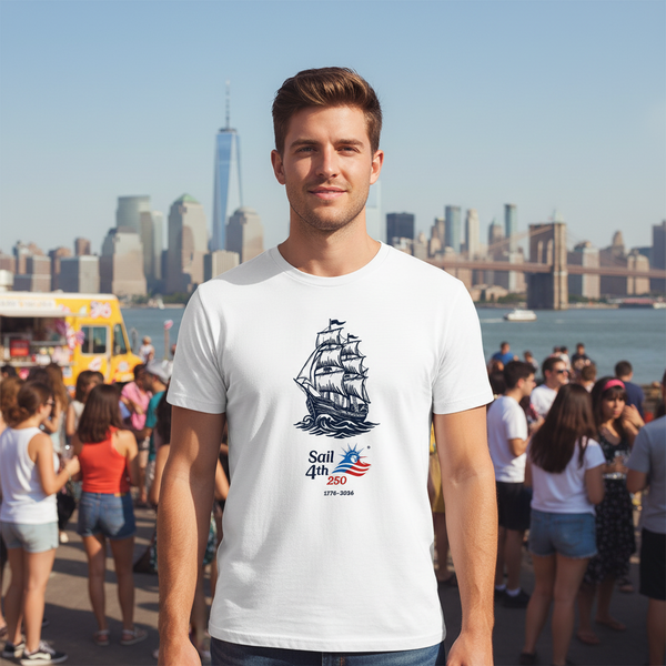Sail 4th 250 New York Embroidered Logo and Tall Ship Short Sleeve T-Shirt in Use Outdoor Event