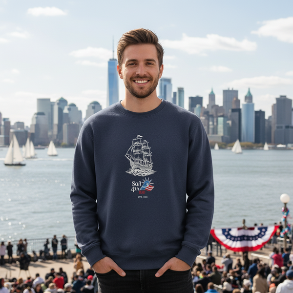 Sail 4th 250 New York Embroidered Logo and Tall Ship Crewneck Navy in Use Outdoor Event