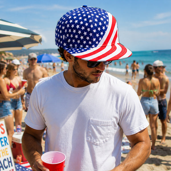 USA Flag Jumbo Novelty Baseball Hat in Use at Beach