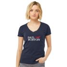 Sail Boston Primary Logo Womens V- Neck Short Sleeves T-Shirt Navy
